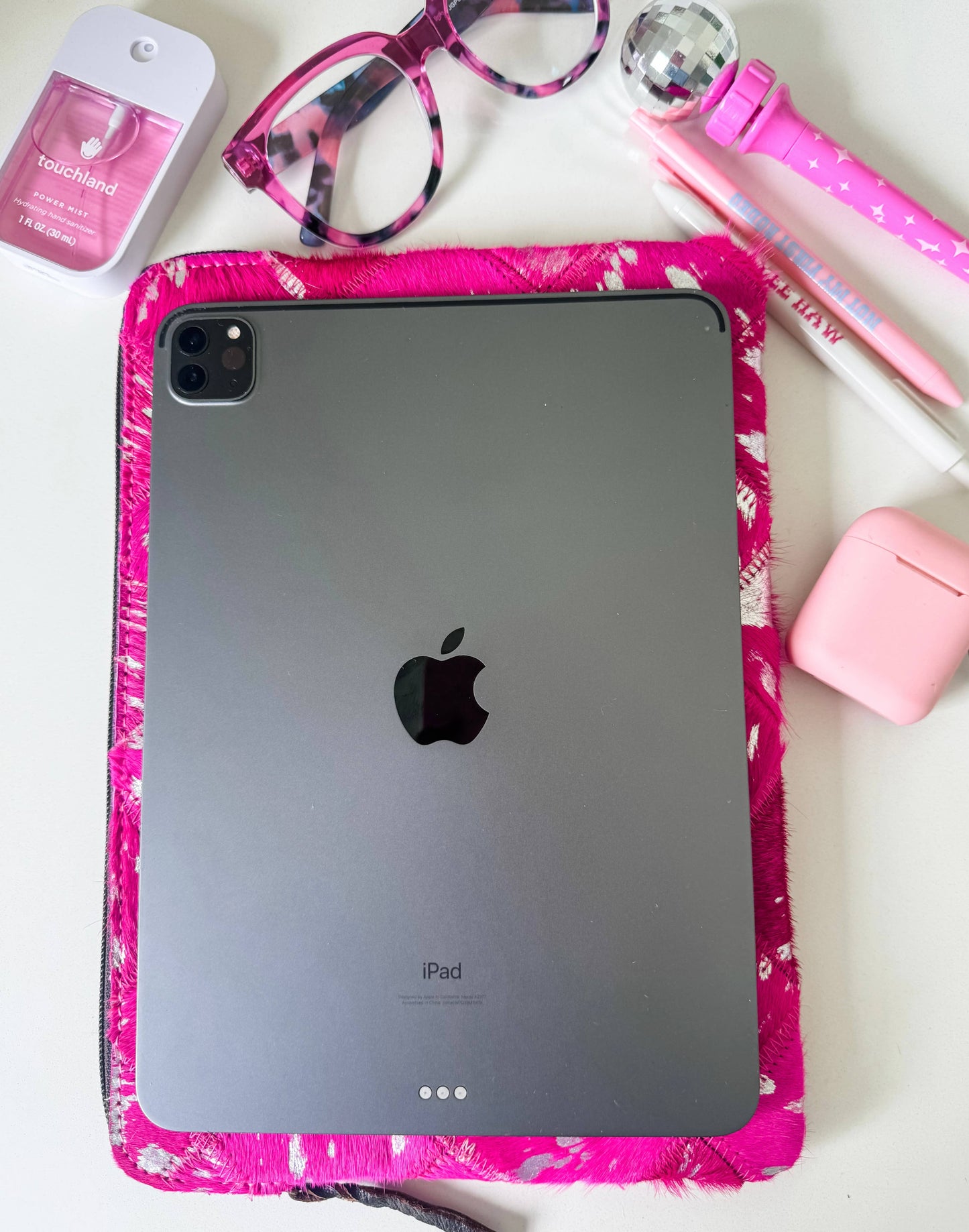 Cowhide Laptop Sleeve LARGE - PINK/SILVER