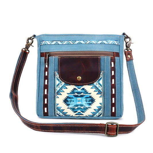Blue Aztec Up-cycled Canvas & Genuine Leather Crossbody Purse image 0