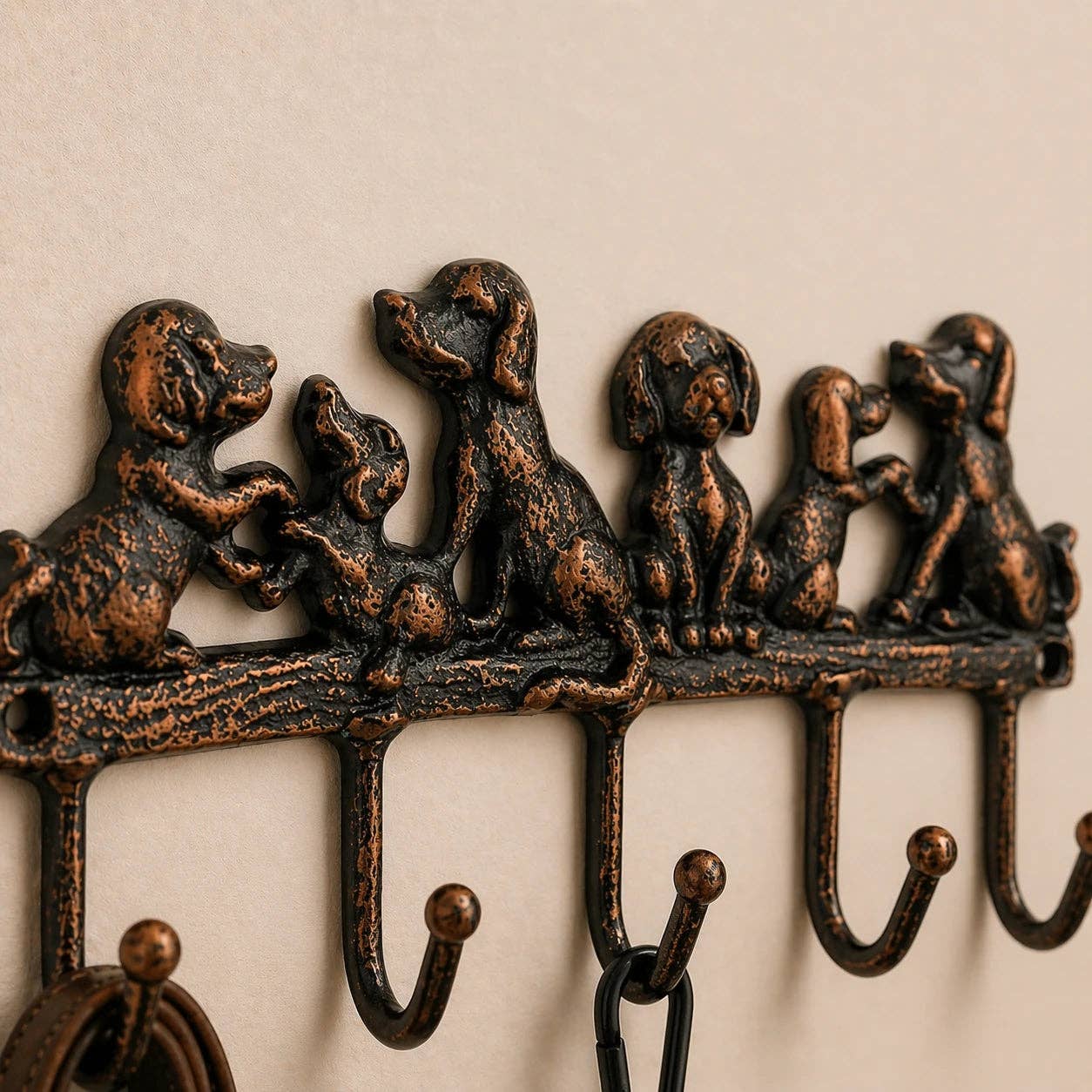 Dog Family 5-Hook Rack, Cast Iron for Leashes, Coats or Keys