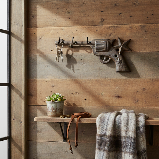 Gun Wall Hooks with Star, Western Cast Iron for Coats and Keys, 9.8"