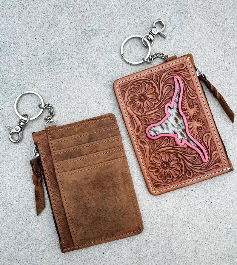 Tan w/Turquoise/Pink Longhorn/Thunderbird Keychain Wallet