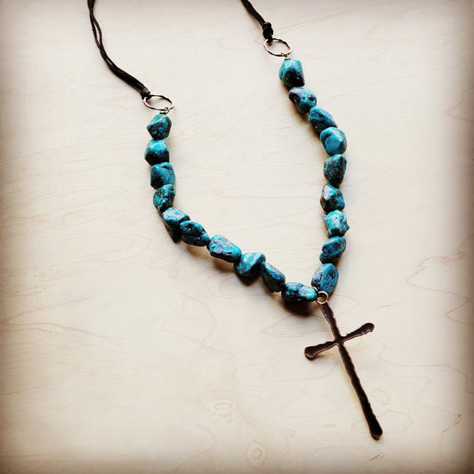 Natural Blue-Green Turquoise Necklace w/ Large Copper Cross 255x