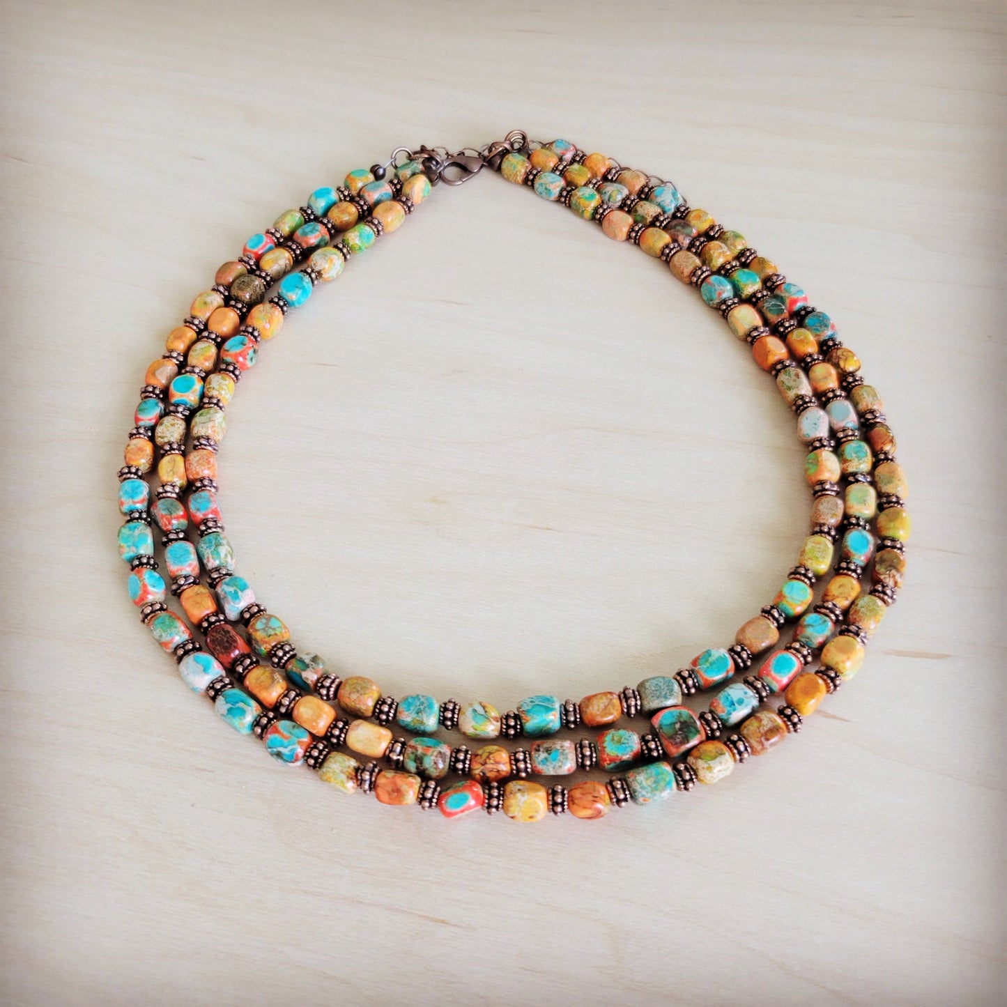 Triple Strand Layered Boho Sunrise Regalite Necklace 264o