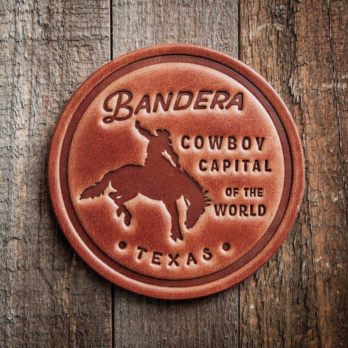 Bandera Texas Cowboy Capital Bronco Leather Coaster