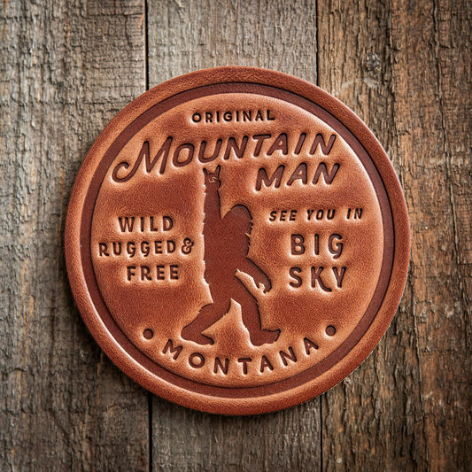 Big Sky Montana Mountain Man Big Foot Sasquatch Leather Coaster