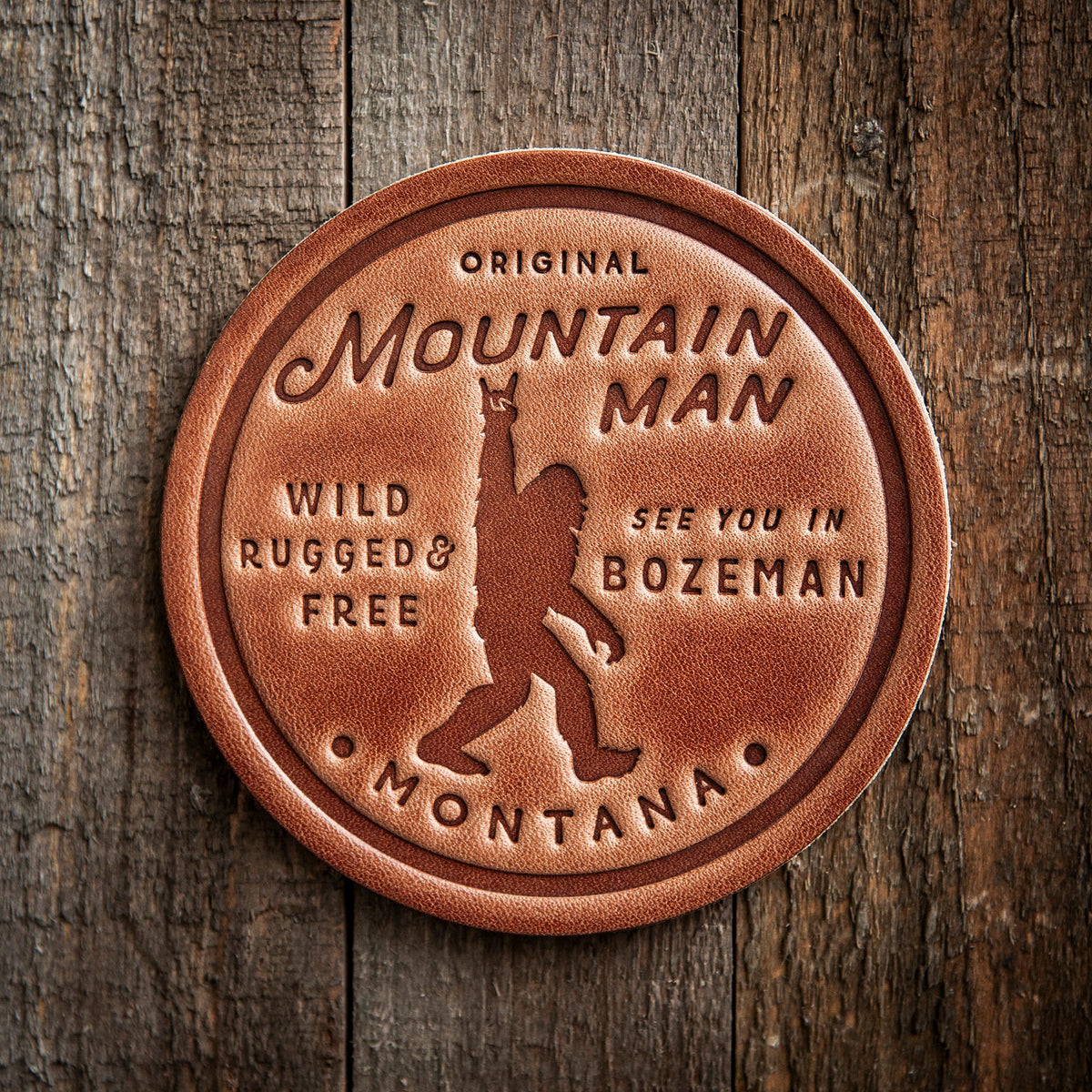 Bozeman Montana Mountain Man Big Foot Sasquatch Leather Coaster