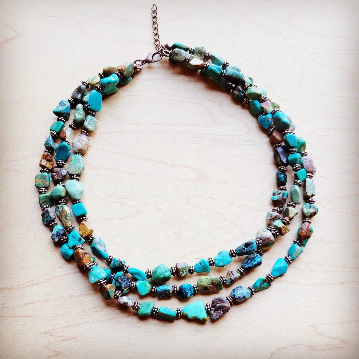 **Genuine HuBei Turquoise & Copper Triple Strand Necklace 259t