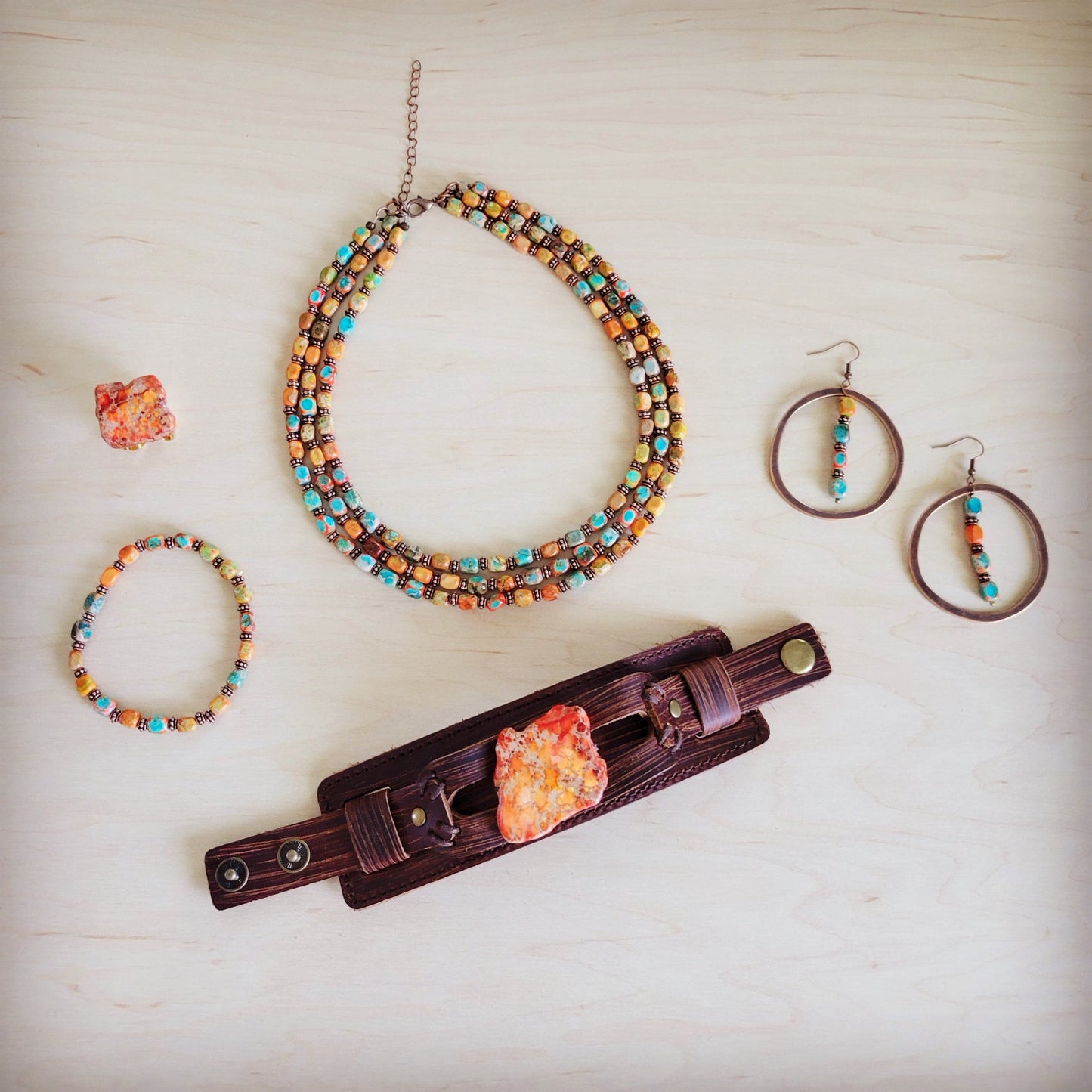 Triple Strand Layered Boho Sunrise Regalite Necklace 264o