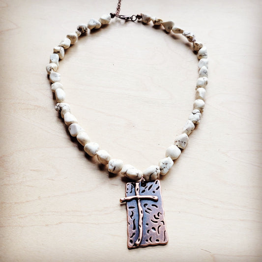 White Turquoise Collar Necklace w/ Copper Cross Pendant 259y