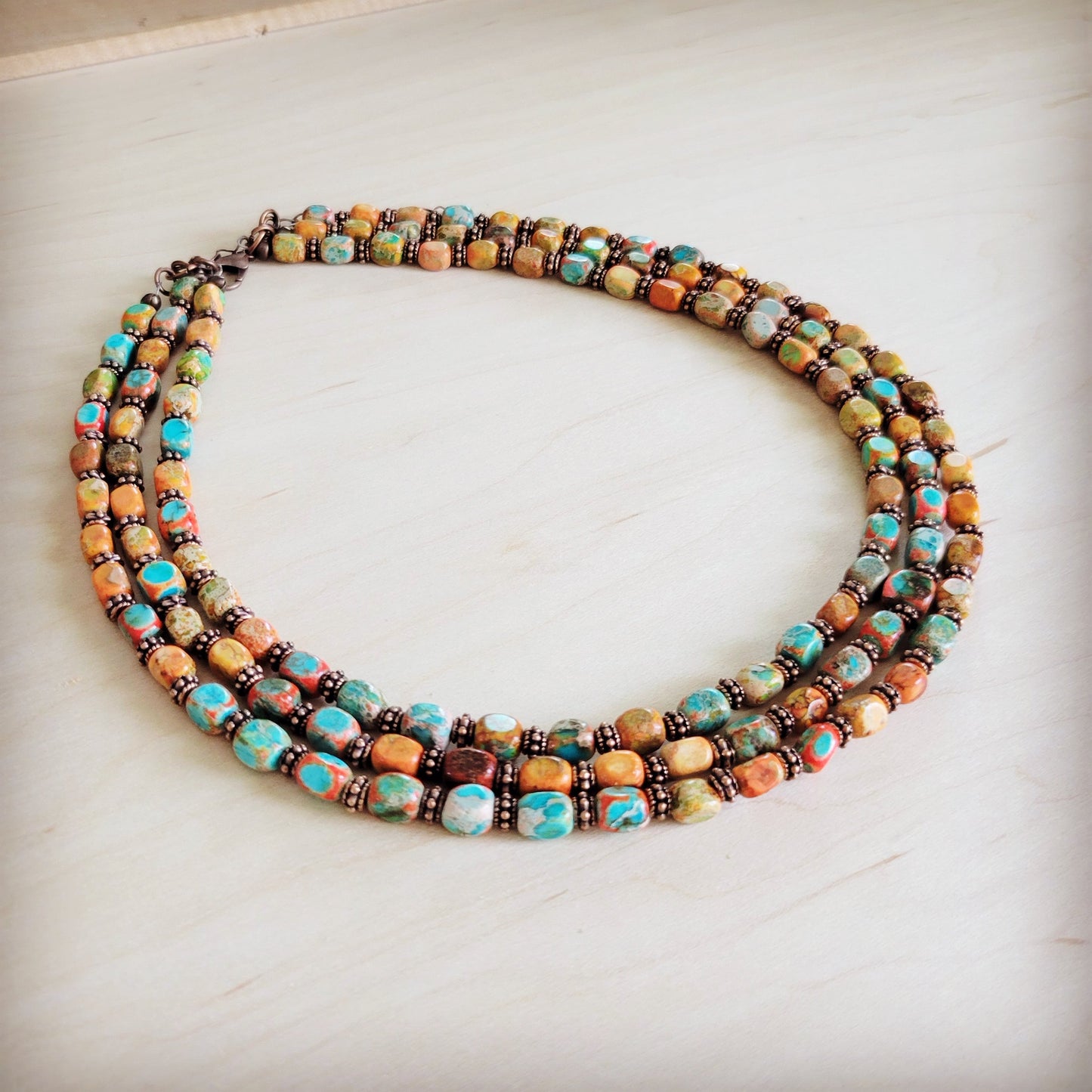 Triple Strand Layered Boho Sunrise Regalite Necklace 264o