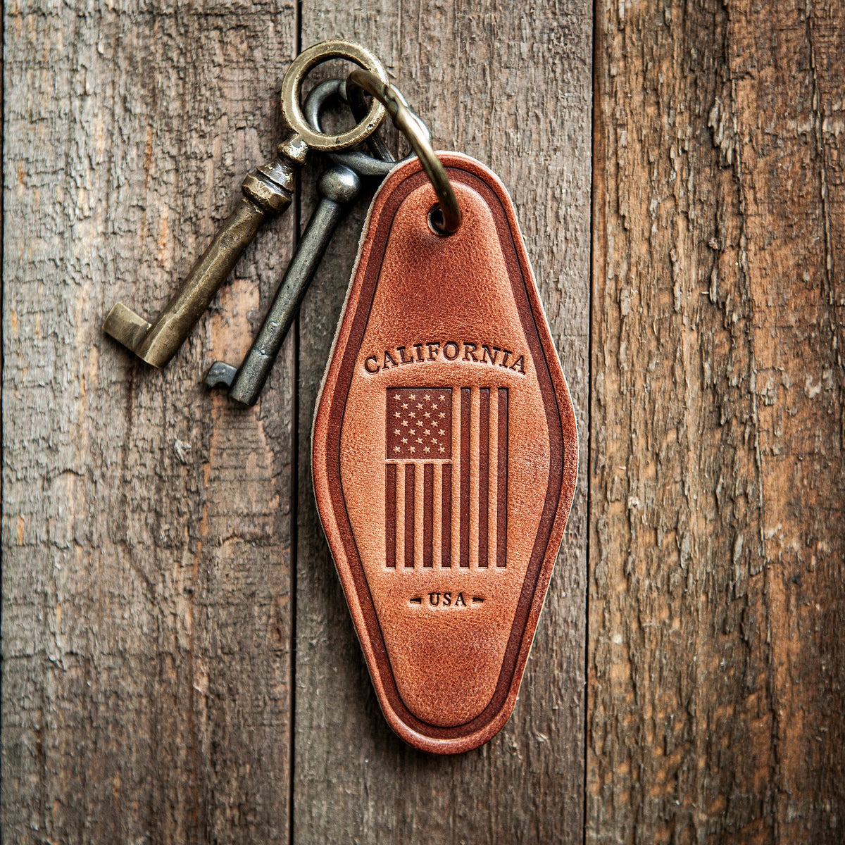 California American Flag Leather Keychain Motel Style