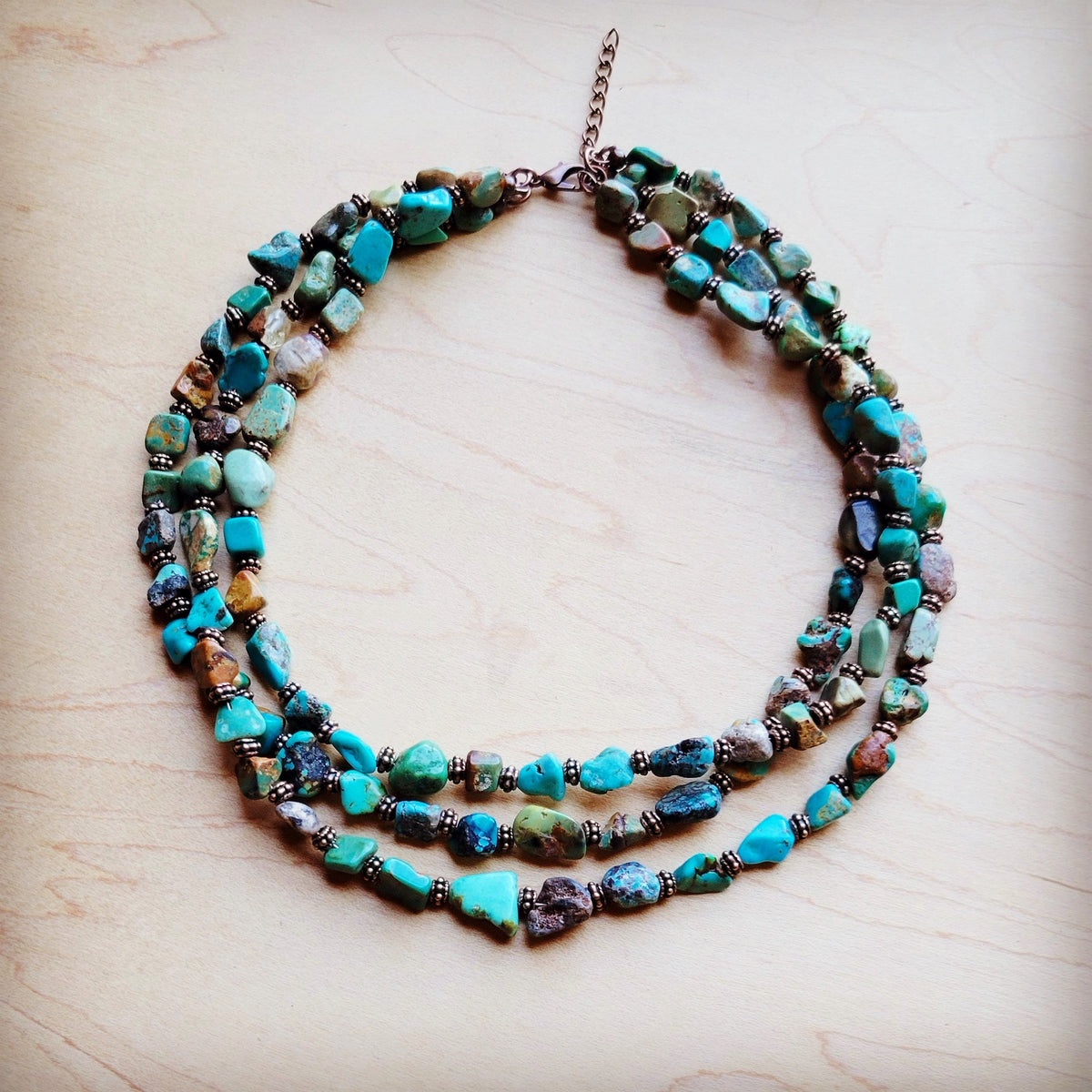 **Genuine HuBei Turquoise & Copper Triple Strand Necklace 259t