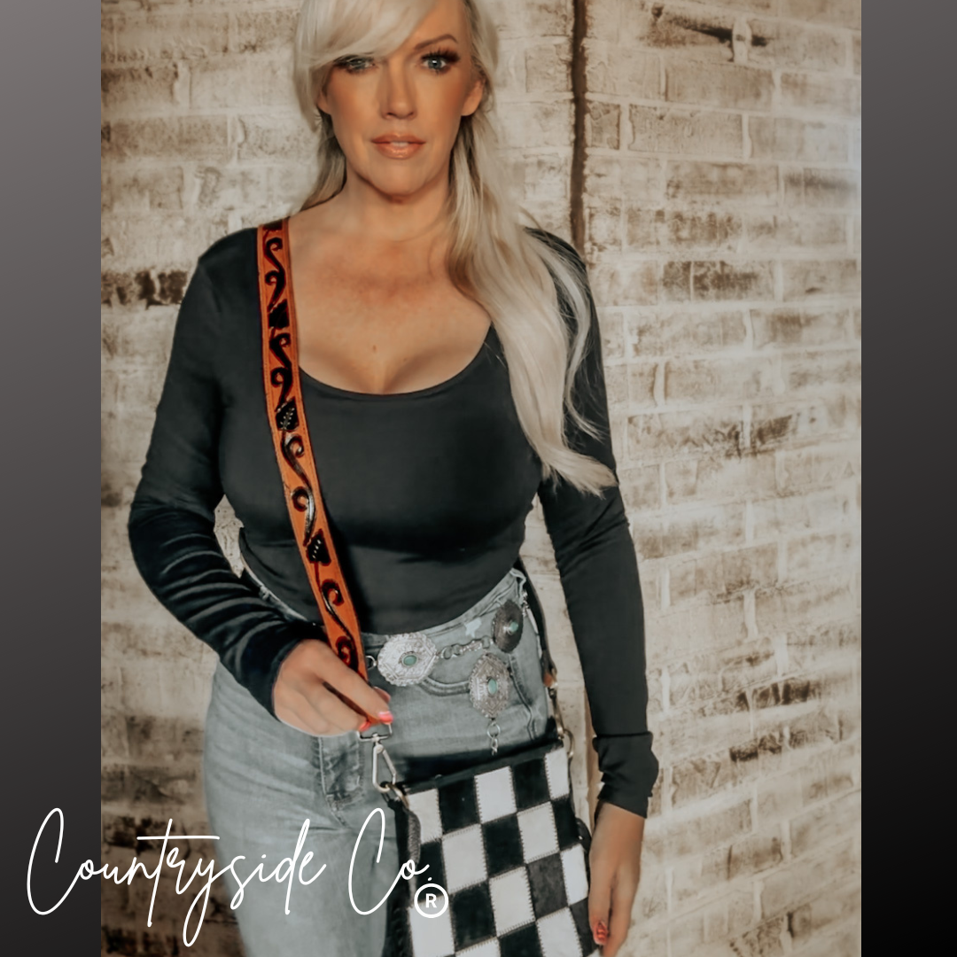 Stockyard Checkered Cowhide Fringe Purse