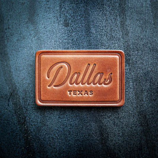 Dallas Texas Script Leather Magnet Block Style