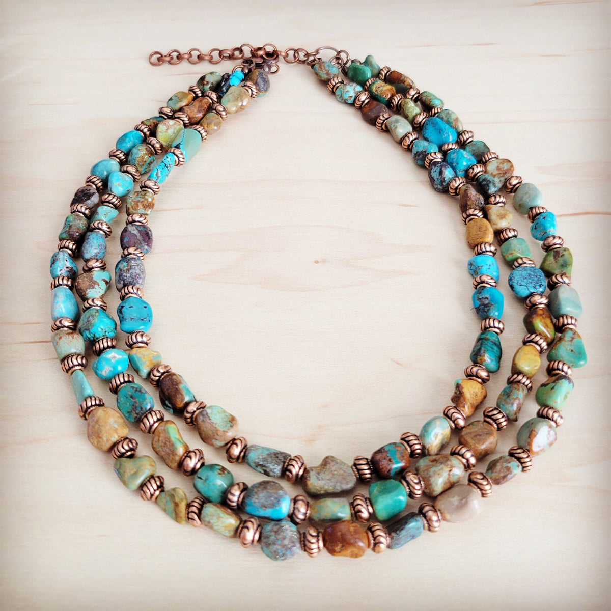 **Genuine HuBei Turquoise & Copper Triple Strand Necklace 259t