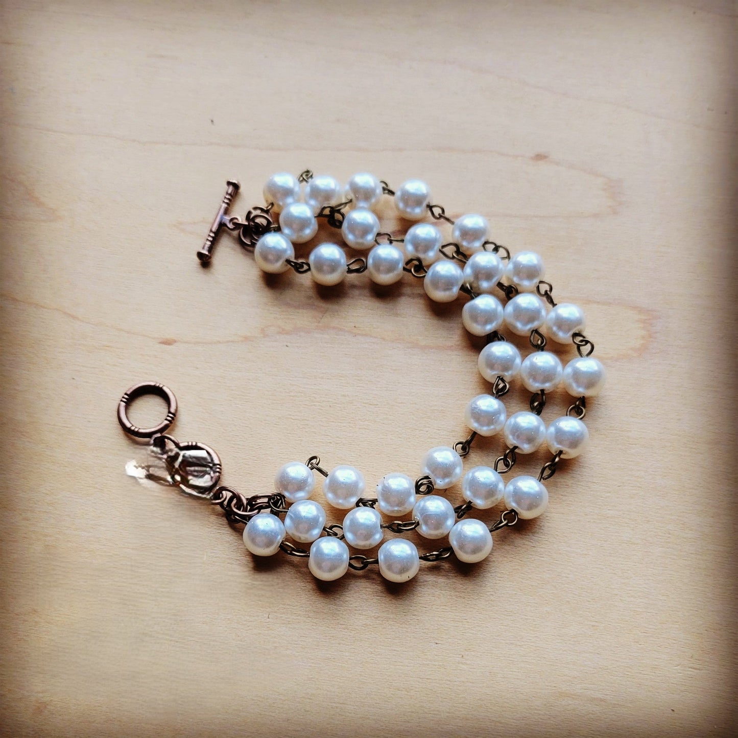 Pearl  & Copper Triple Strand Bracelet 804a