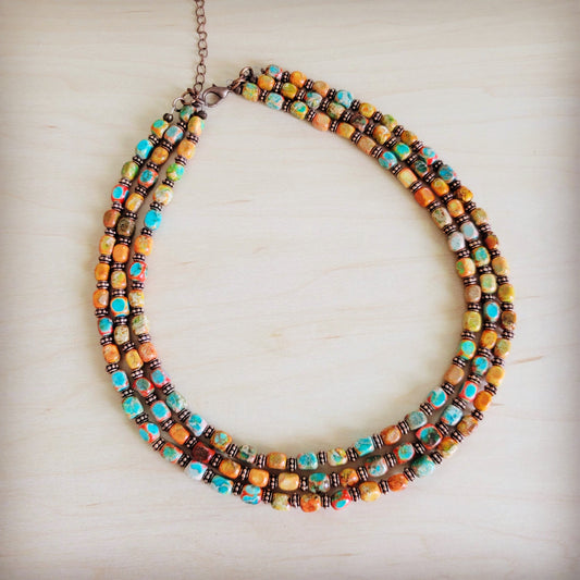 Triple Strand Layered Boho Sunrise Regalite Necklace 264o