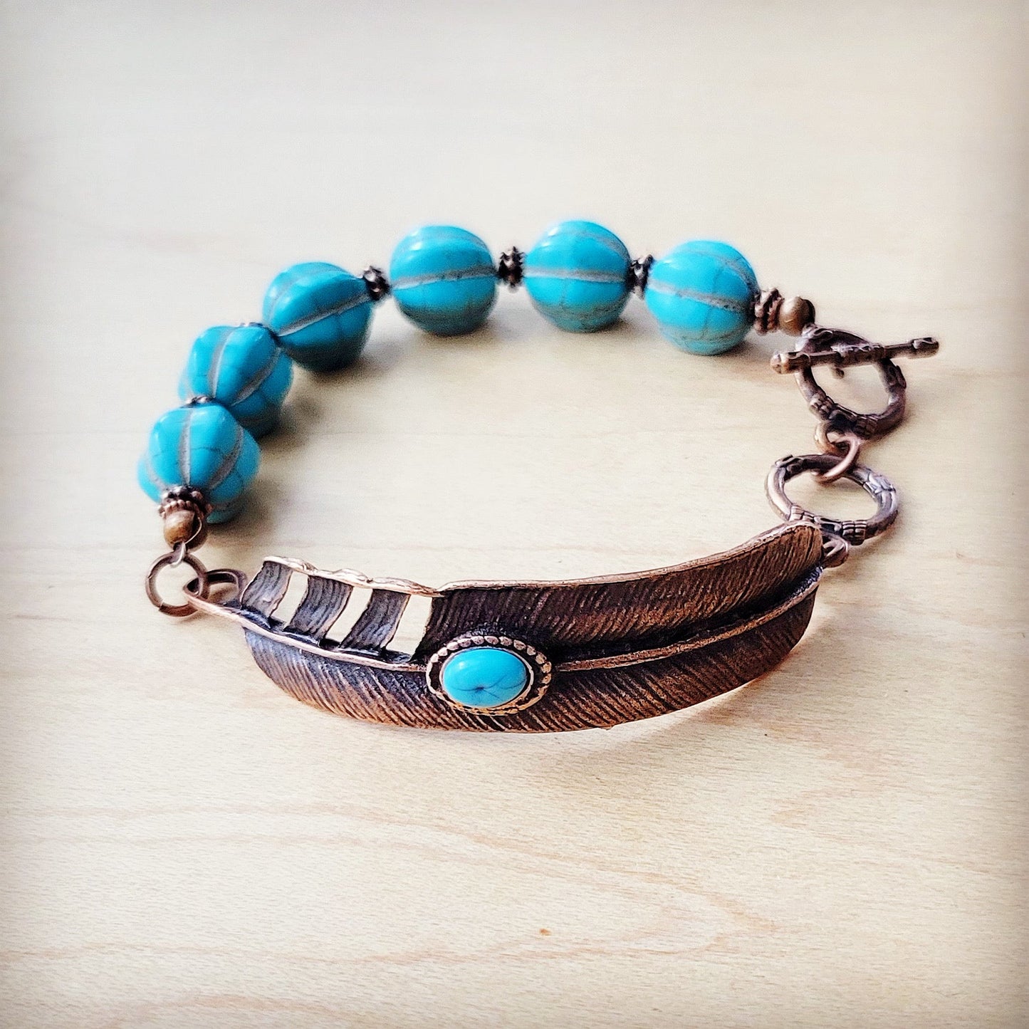 **Blue Melon Turquoise Beaded Bracelet on Copper Feather 810u