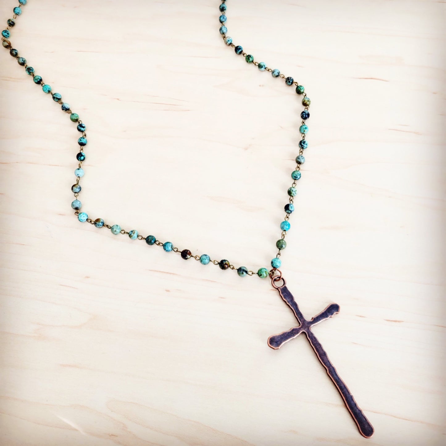 Genuine African Turquoise Long Beaded Necklace with Antique Copper Cross 262y