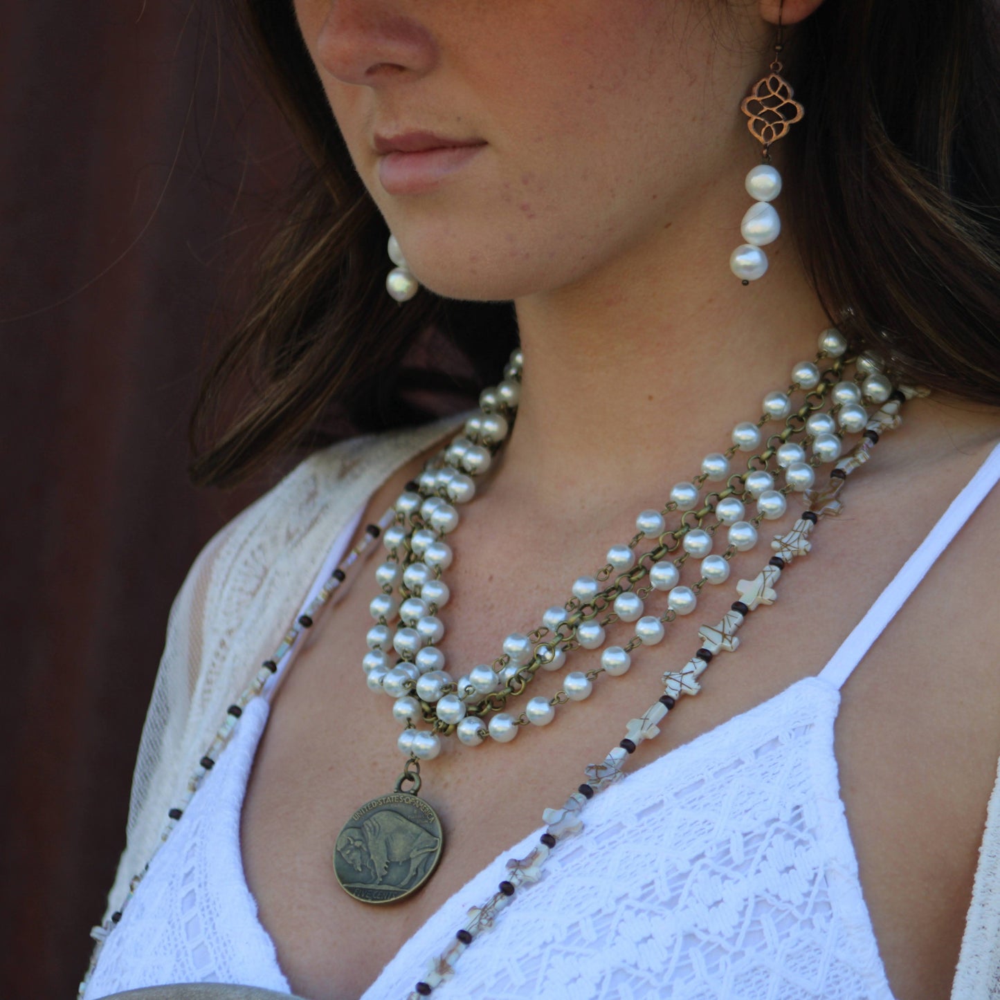 Pearl and Antique Gold Collar-Length Necklace with Indian Coin 245e