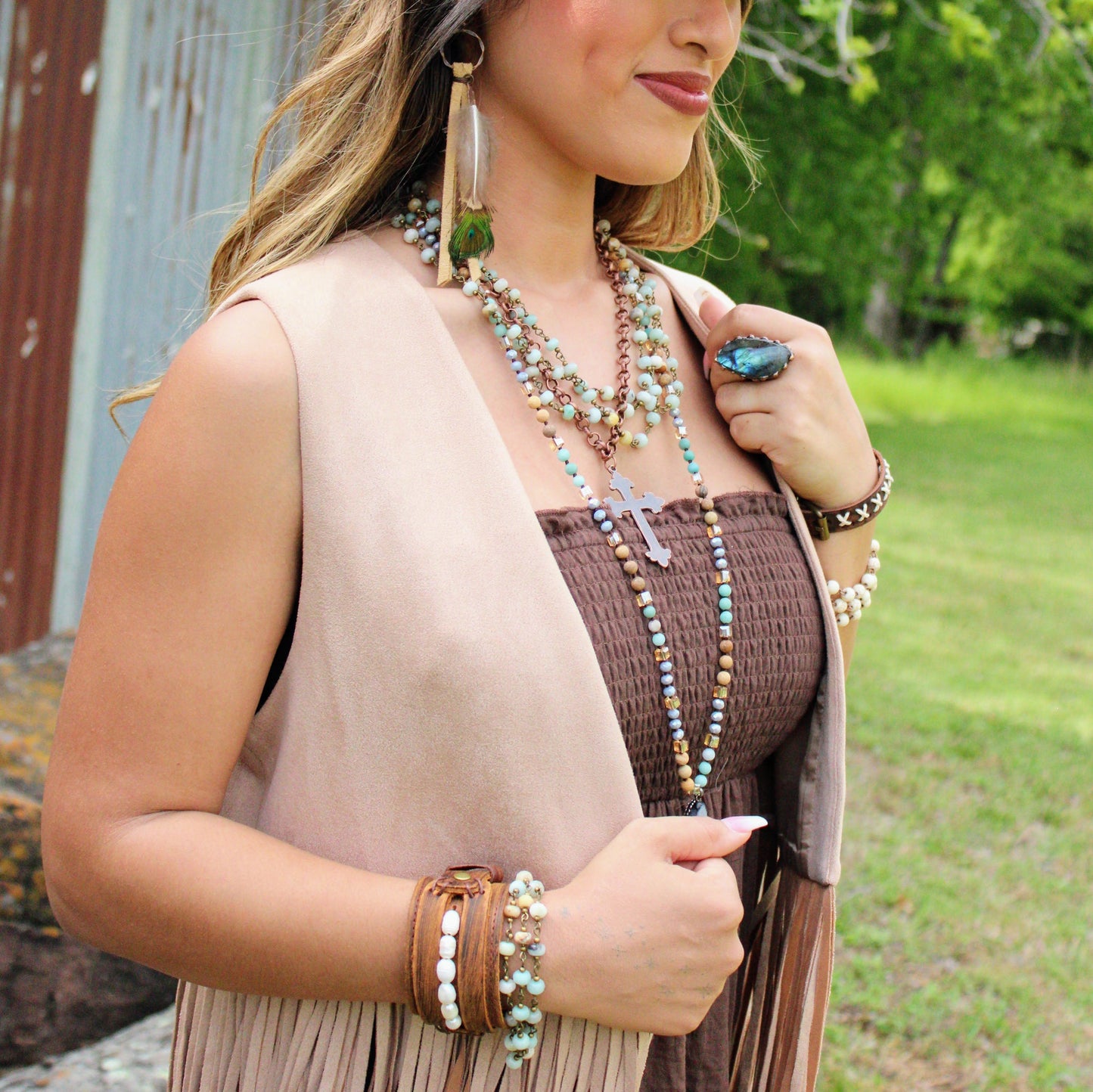 Amazonite Triple Strand Beaded Bracelet 805f