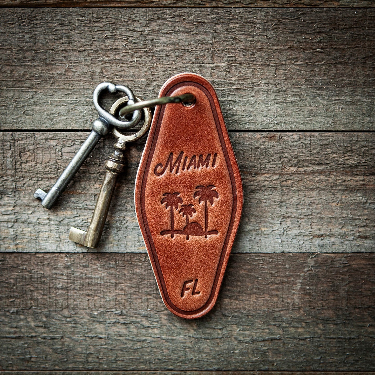 Miami Florida Leather Keychain Motel Style