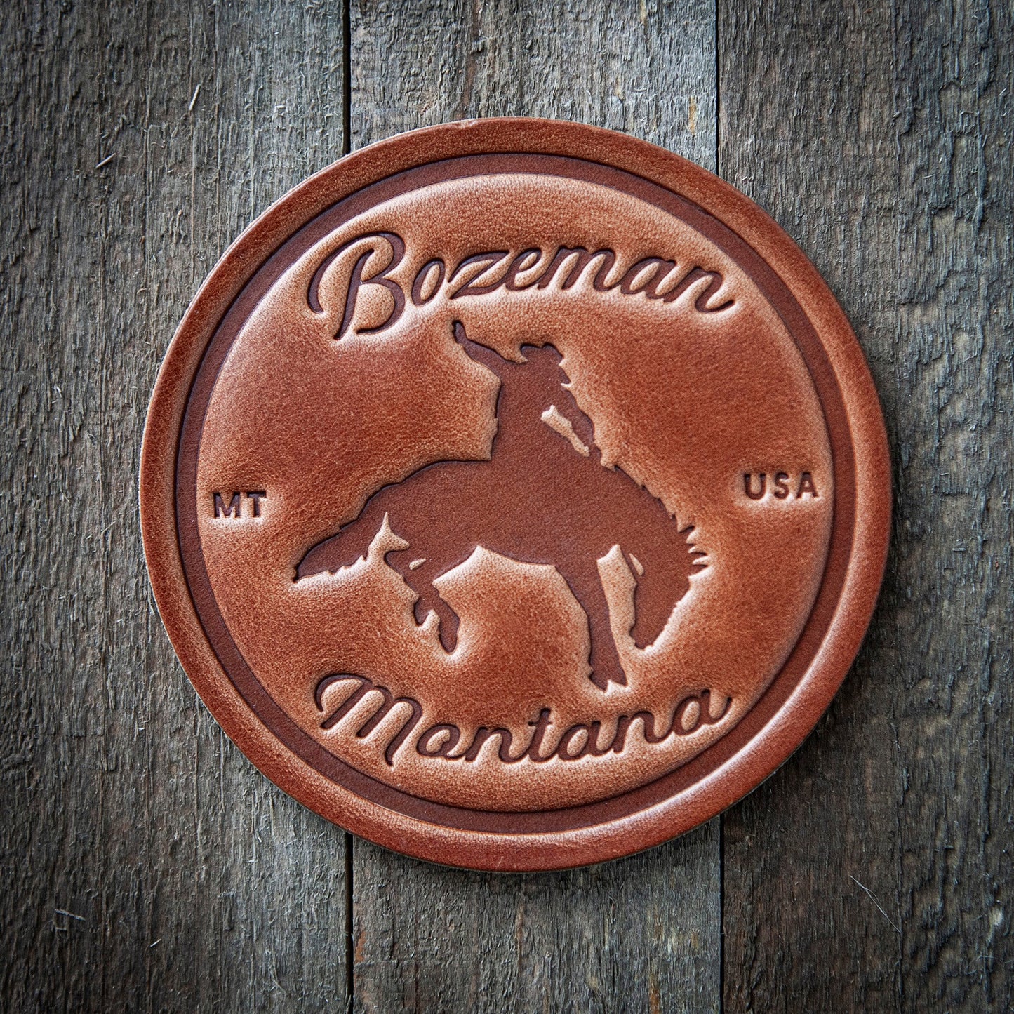 Bozeman Montana Bronco Leather Coaster