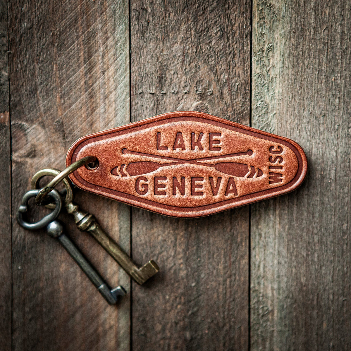 Lake Geneva Paddles Leather Keychain Motel Style