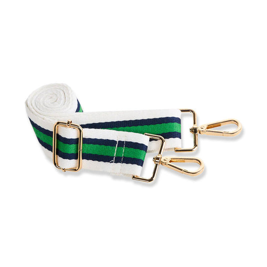 White, Green and Navy Striped Strap with Gold Hardware