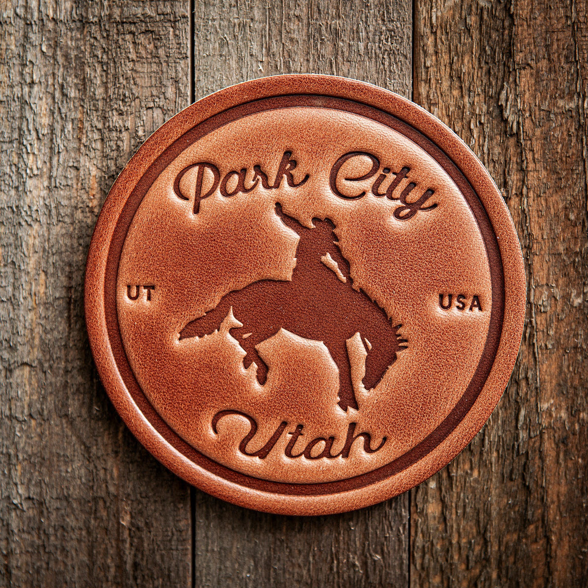 Park City Utah Bronco Leather Coaster