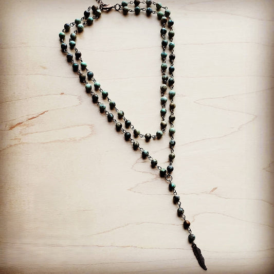 Double Strand Lariat African Turquoise Necklace w/ Copper Feather 251h