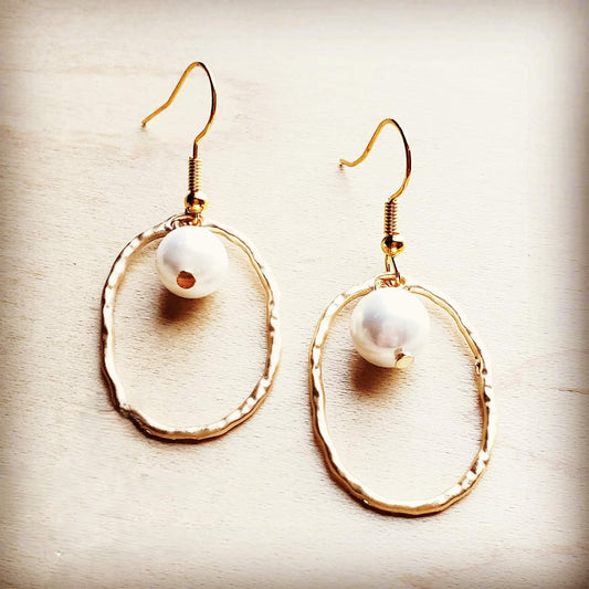 Matte Gold Hoop Earrings with Pearl Dangle 203s