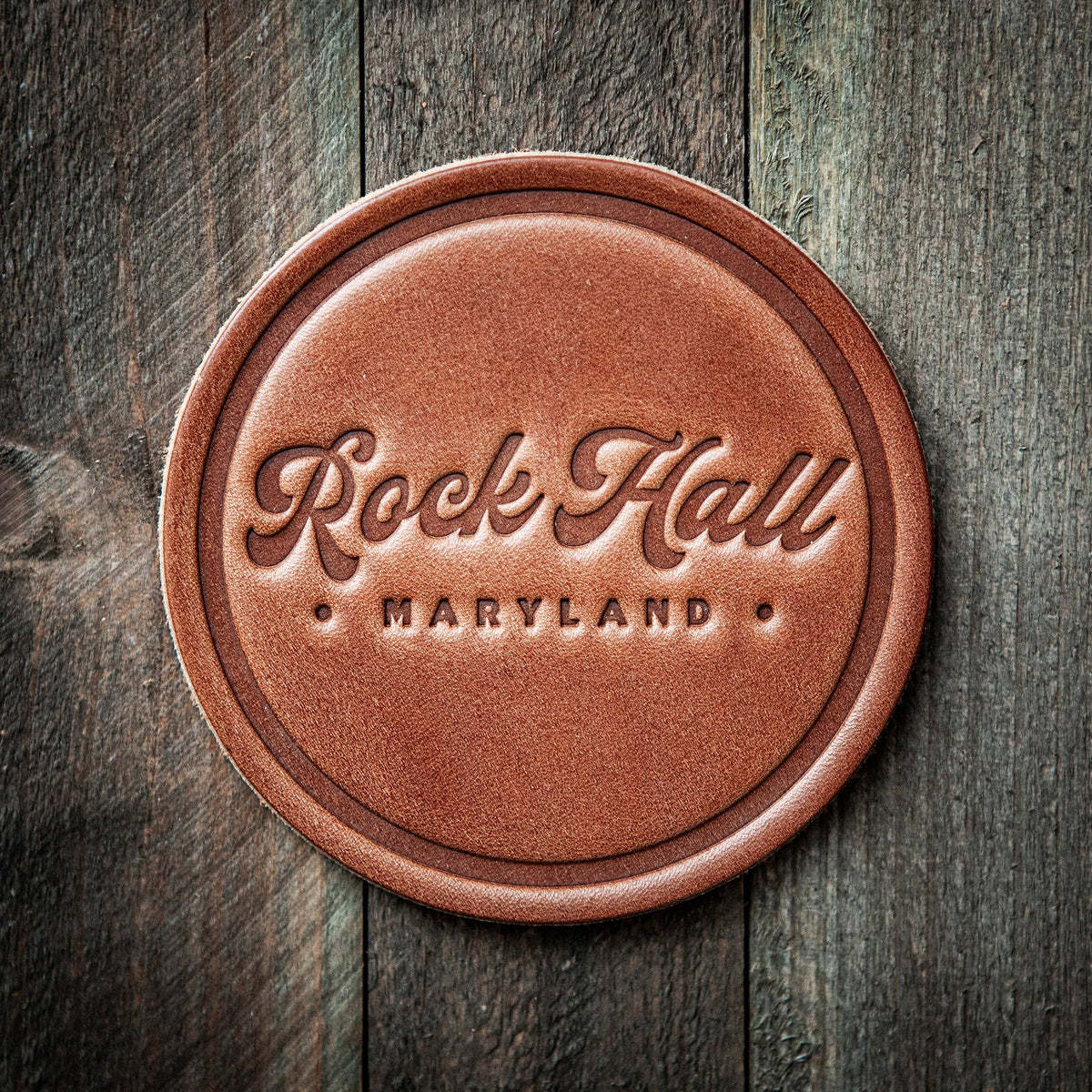 Rock Hall Maryland Script Leather Coaster