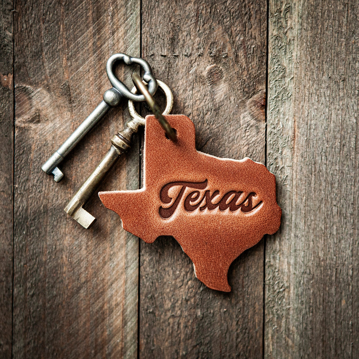 Texas Silhouette Script Leather Keychain Texas Style