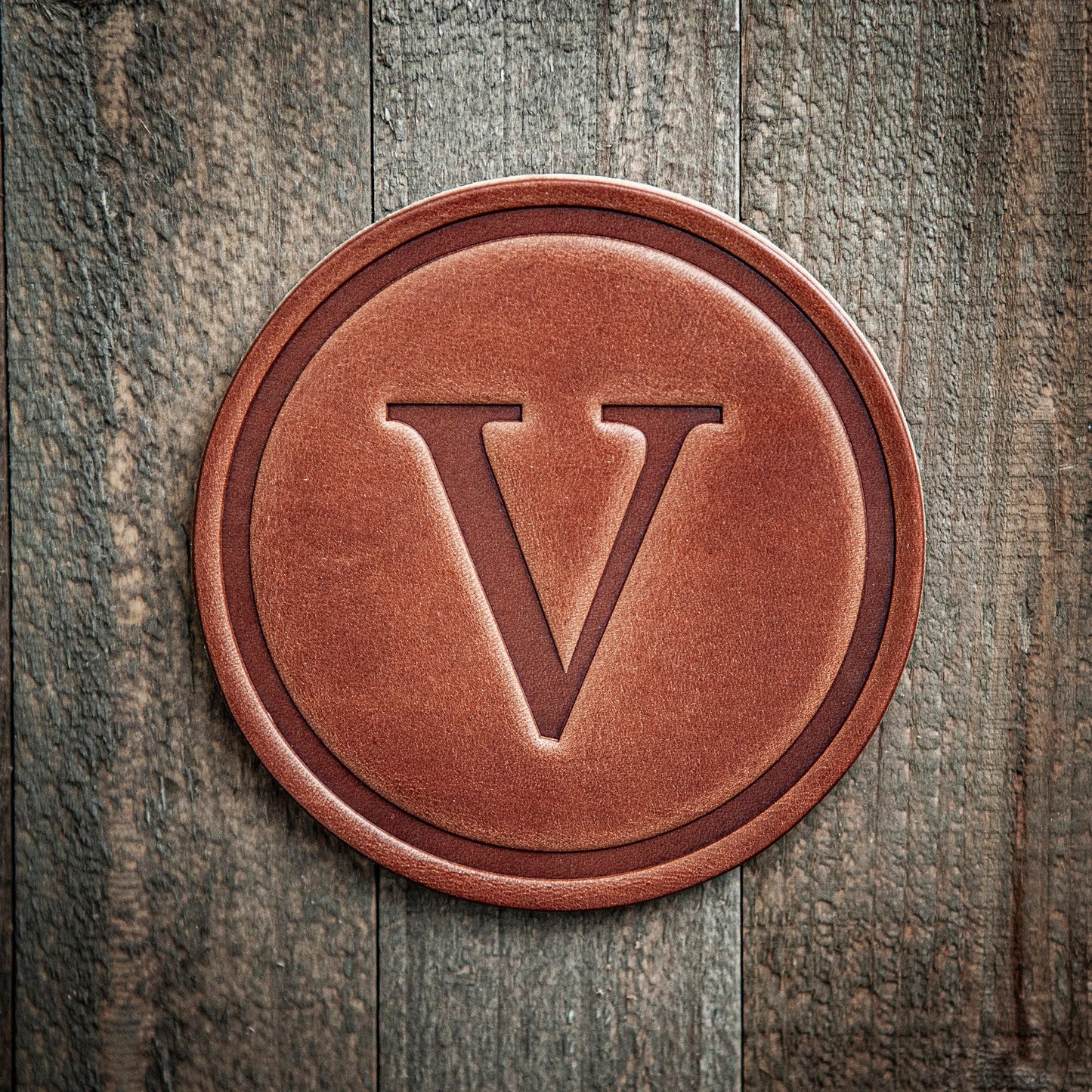 V Monogram Letter Leather Coaster