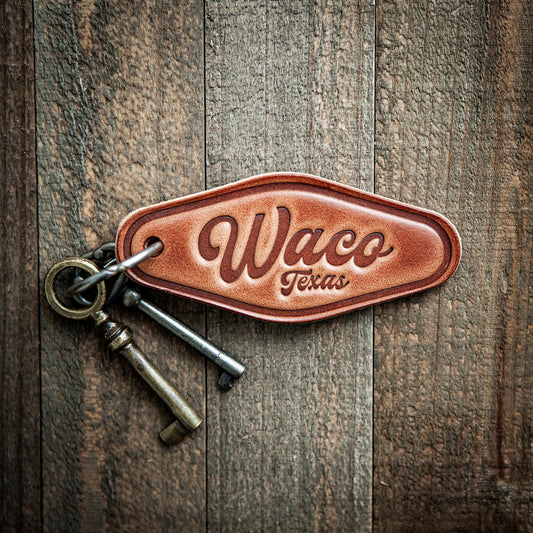 Waco Texas Script Leather Keychain Motel Style