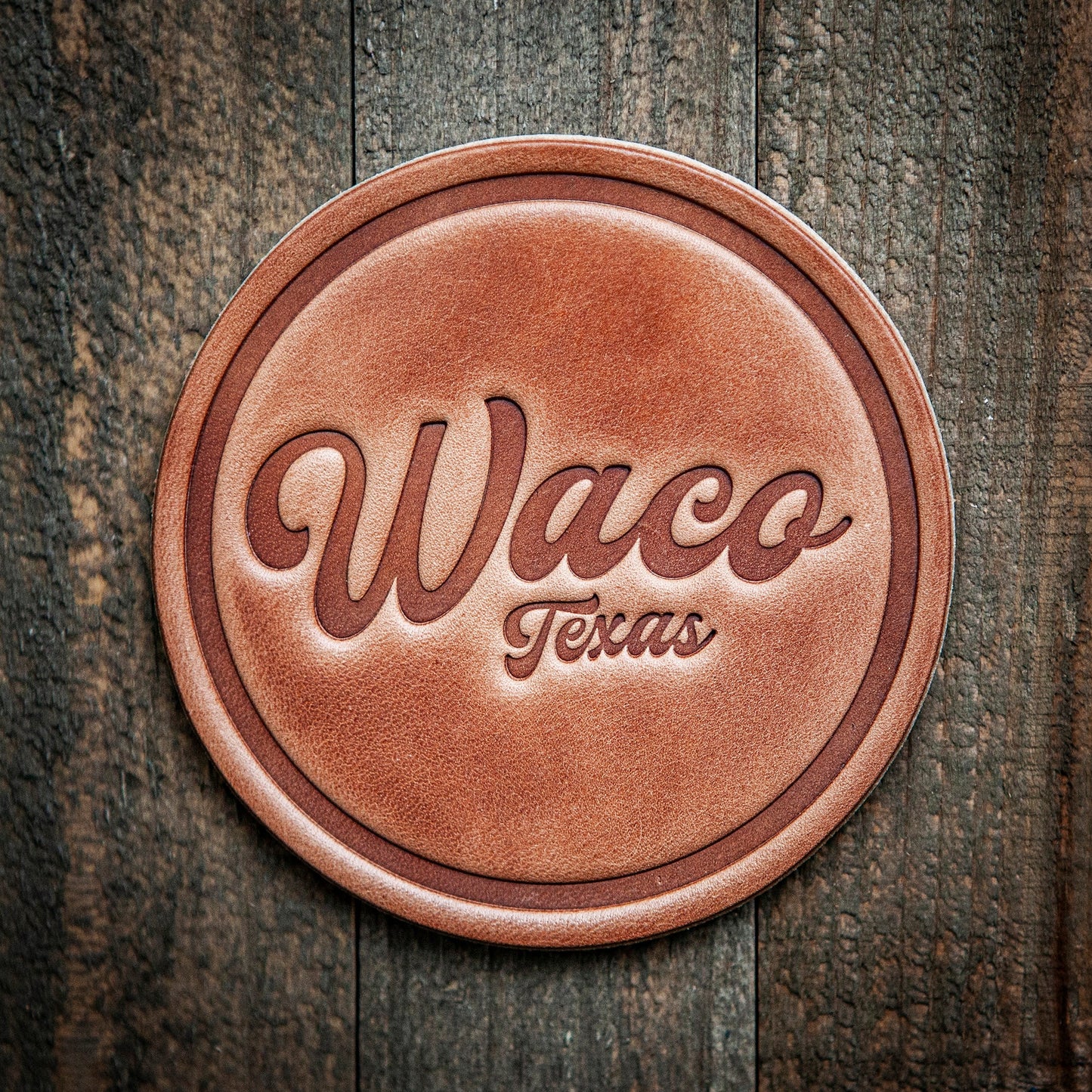 Waco Texas Script Leather Coaster