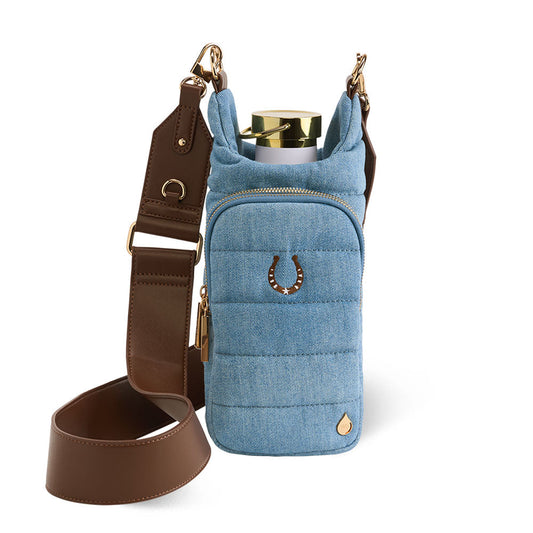 Denim HydroBag® with Horseshoe Embroidery and Denim overlaid Vegan Leather Strap and Gold hardware