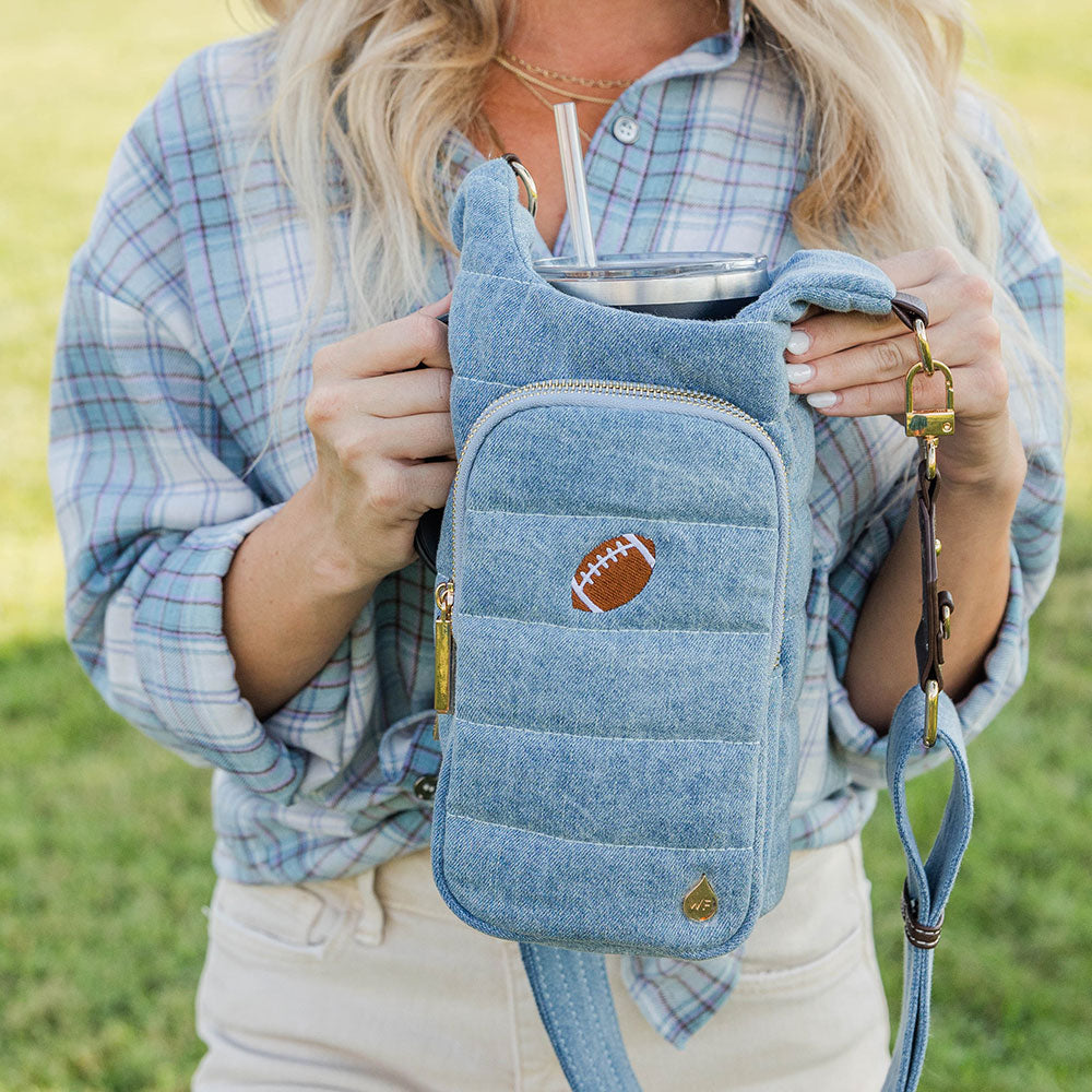 HydroBag® HANDLE®- Football Embroidery on Denim with Gold Hardware