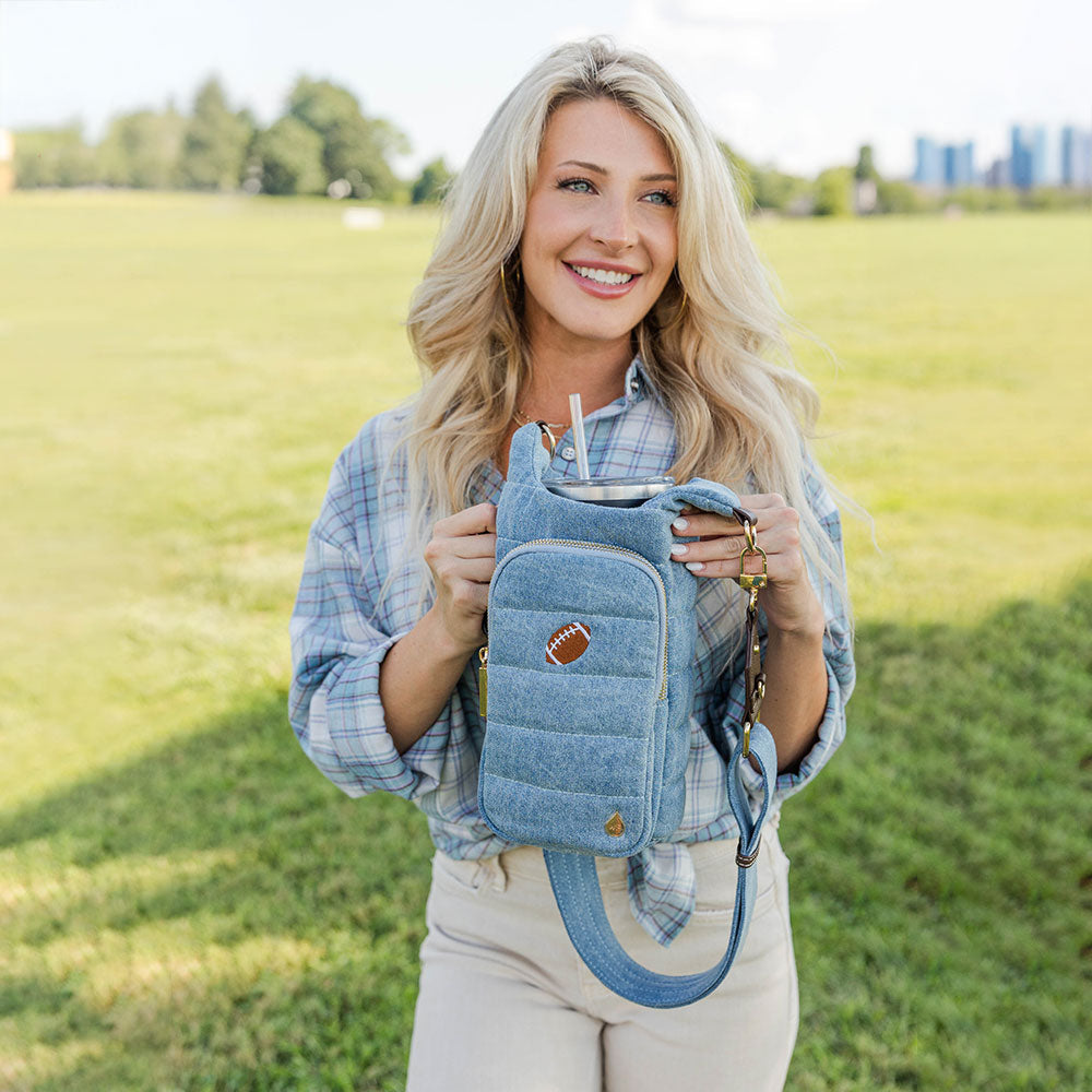 HydroBag® HANDLE®- Football Embroidery on Denim with Gold Hardware