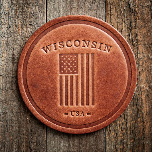 Wisconsin American Flag Leather Coaster