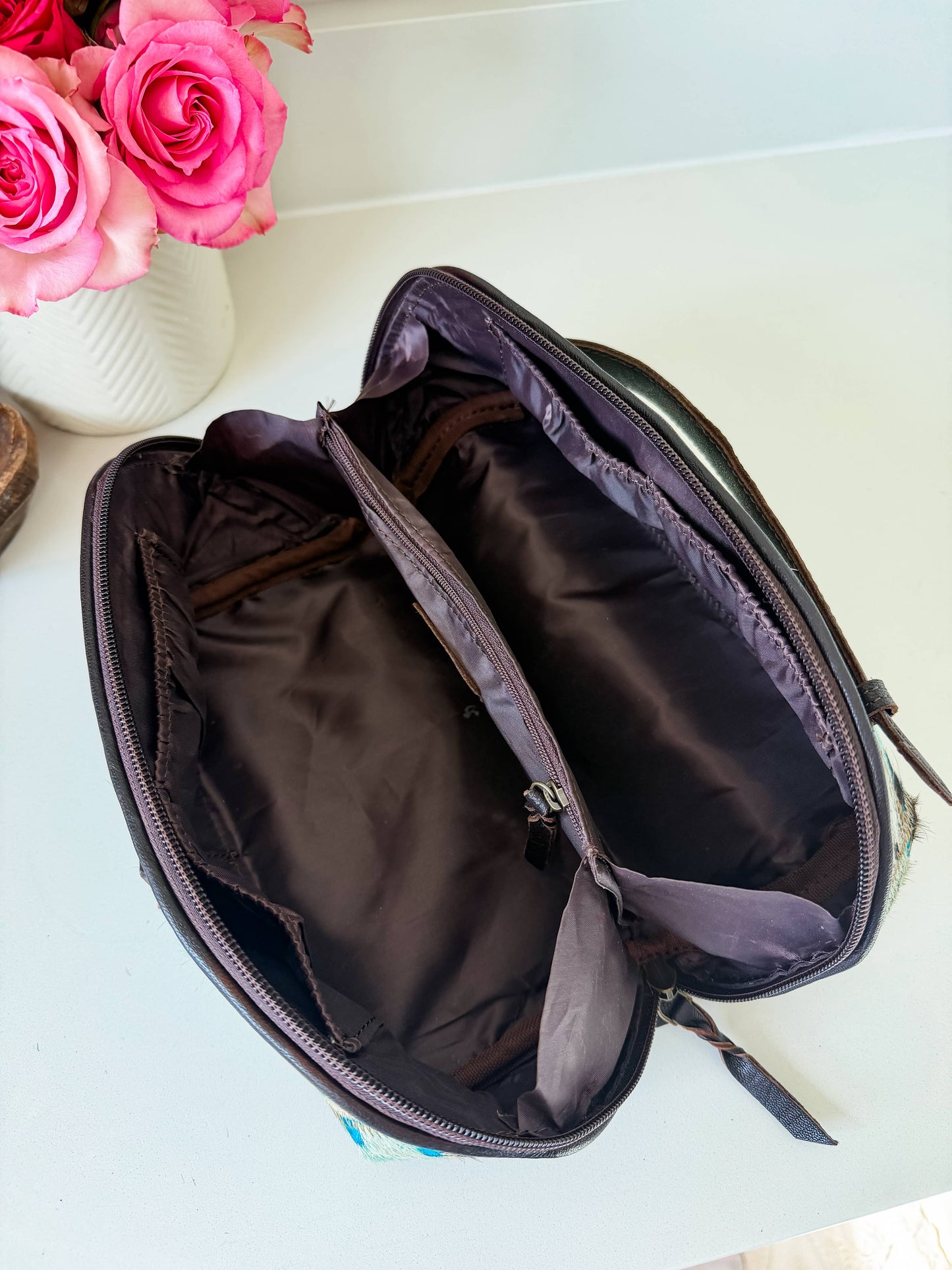 Ella Cowhide Leather Cosmetic Bag - Diagonal Opening
