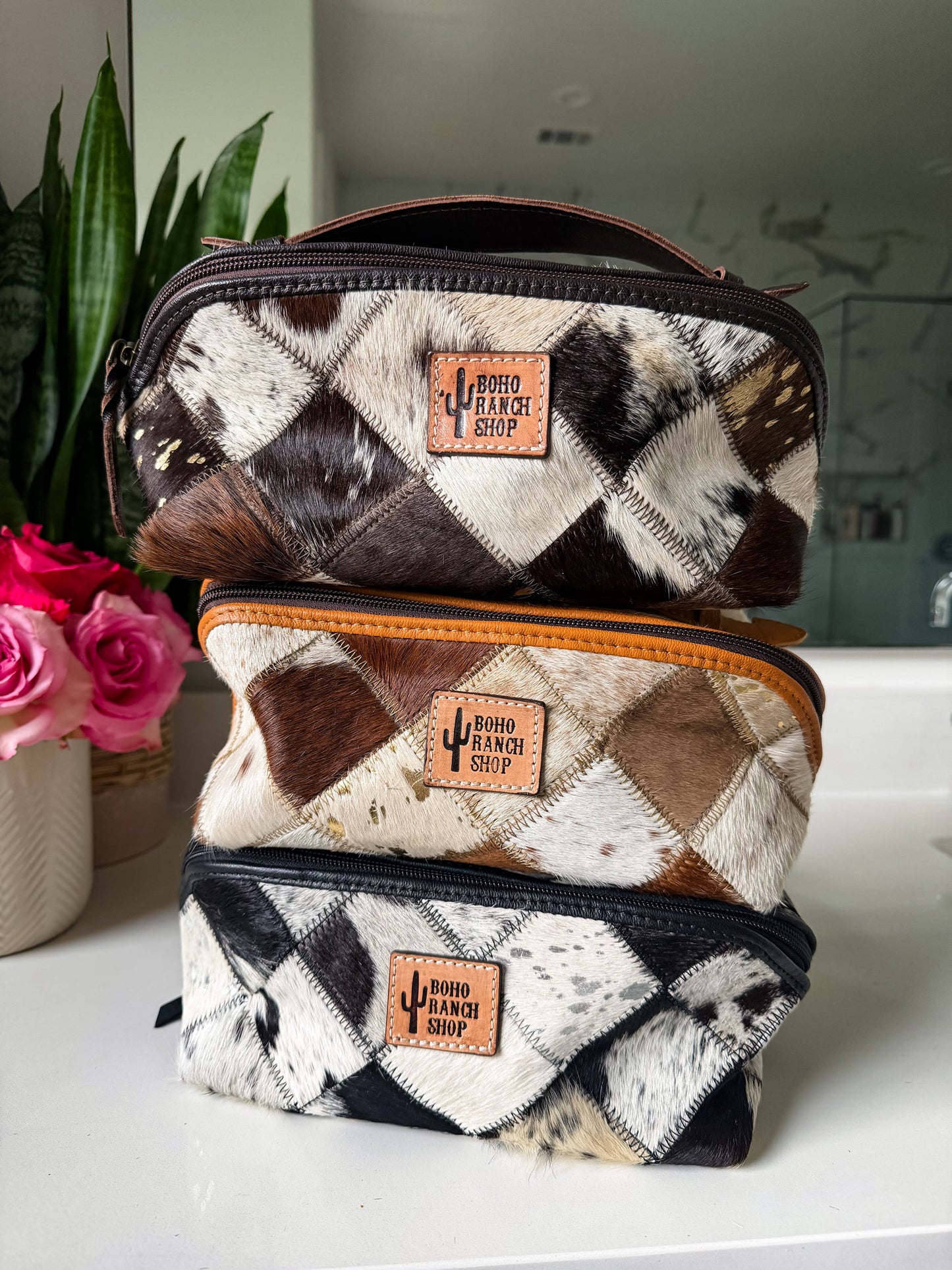 Ella Cowhide Leather Cosmetic Bag - Diagonal Opening