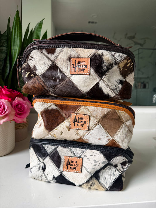 Ella Cowhide Leather Cosmetic Bag - Diagonal Opening