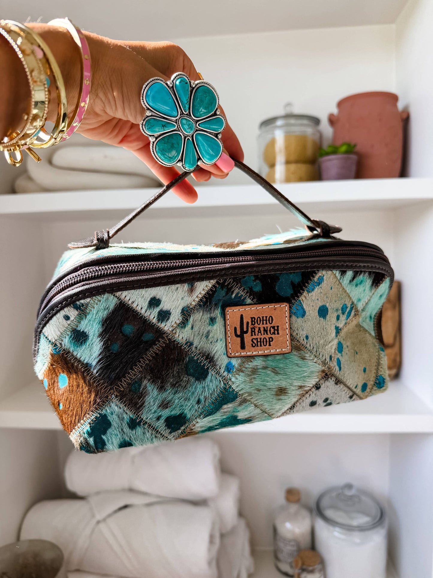Ella Cowhide Leather Cosmetic Bag - Diagonal Opening