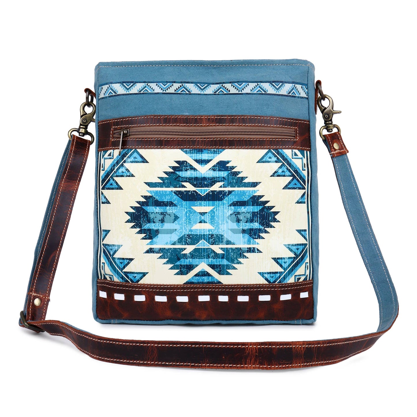 Blue Aztec Up-cycled Canvas & Genuine Leather Shoulder Bag