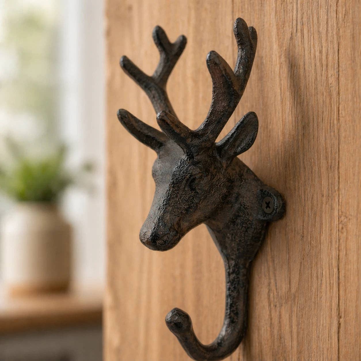 Deer Head Wall Hook, Cast Iron Vintage Woodland for Coats or Hats, 6.4"