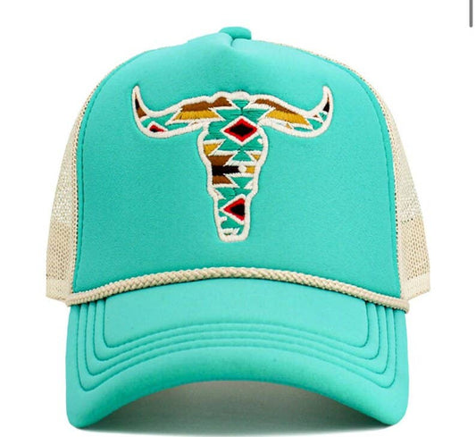 STEER AZTEC HAT Longhorn embroidered cowboy hat western: TURQUOISE