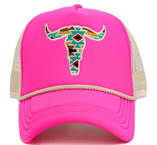 STEER AZTEC HAT Longhorn embroidered cowboy hat western: NEON PINK