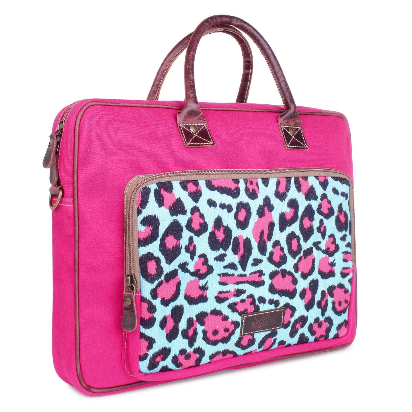 Pink Leopard Up-cycled Canvas & Leather Laptop Bag